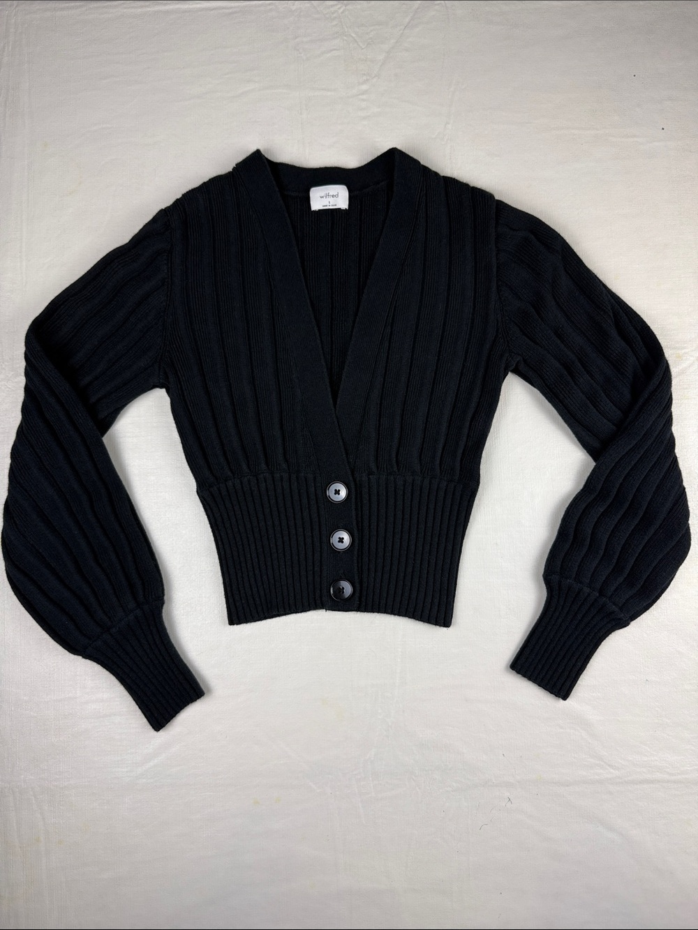 Wilfred Black Ribbed V-Neck Button Cardigan Balloon Sleeves Fitted Waist Size S